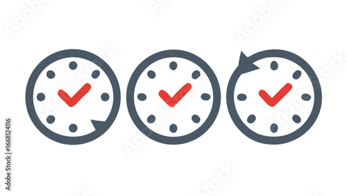 Three stylized clocks with red checkmarks and a circular arrow indicating the passage of time or a recurring event