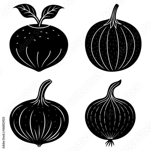 Illustration of four black and white vegetables including a turnip and three different onions