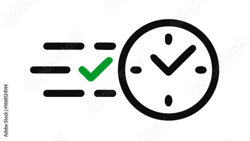 Green checkmark with motion blur effect next to a stylized clock face indicating successful task completion and time management