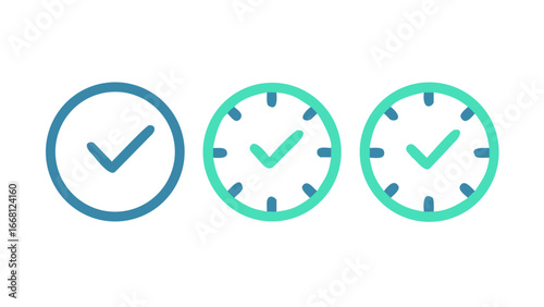 Three stylized circular icons with checkmarks inside representing time and completion displayed in varying shades of blue and green against a black background