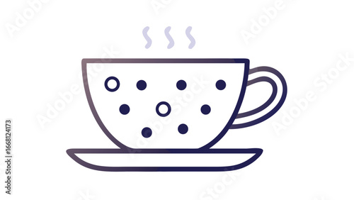 A stylized illustration of a dark blue polka dot coffee cup with steam rising set against a black background evoking warmth and comfort