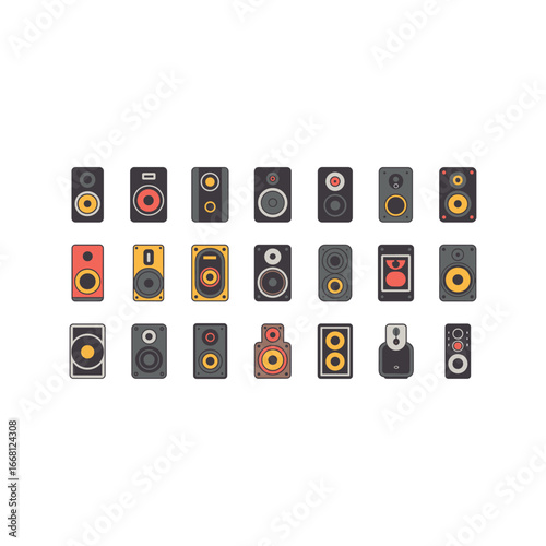 Collection of various compact portable audio speakers displayed in a grid format