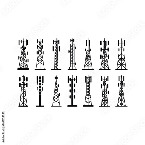 Collection of diverse cell tower silhouettes representing telecommunications and network infrastructure development