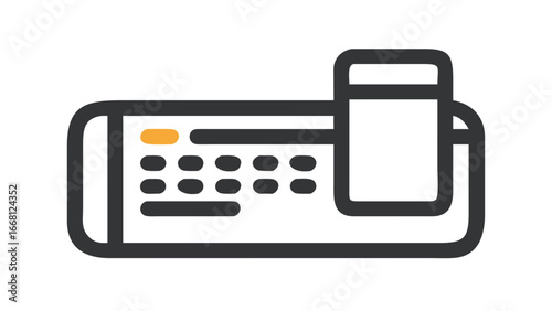 Stylized flat icon of a modern digital calculator with a small screen displaying an orange illuminated button and a paper roll dispenser on the side