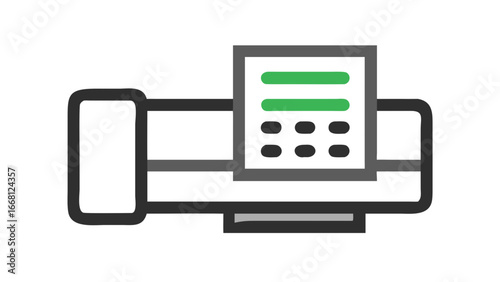 Modern flat design illustration of a fax machine with a document being fed into the machine for sending or receiving information