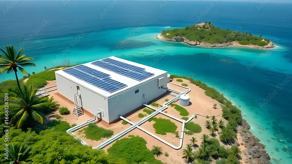 Fototapeta premium Aerial view of a solar power station on a tropical island coast