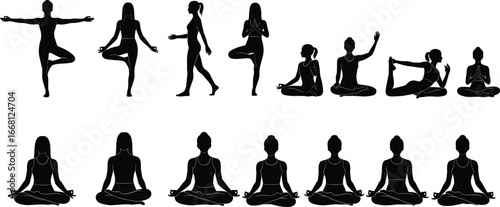 Yoga silhouette collection of women practicing meditation, balance, stretching, and mindfulness exercises for health, relaxation, inner peace, posture, and body wellness.