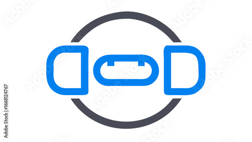 Stylized minimalist icon representing virtual reality headset with blue lenses and grey headband on a black background symbolizing immersive technology and digital experiences