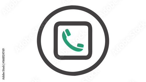 A modern minimalist graphic design featuring a green telephone handset icon inside a grey smartphone screen all enclosed within a larger grey circular outline on a black background