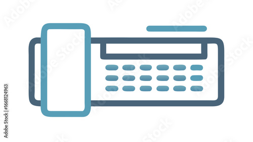 A stylized graphic illustration of a vintage fax machine with a handset and keypad rendered in shades of blue and grey against a black background