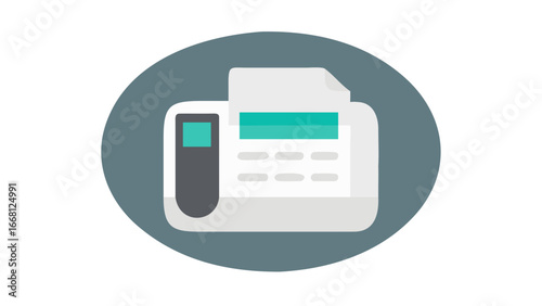 Flat design icon of a vintage fax machine with paper coming out and a keypad representing communication and old technology