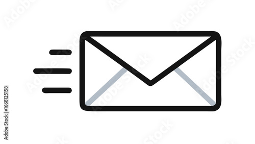 Modern minimalist icon of a dark grey envelope with light grey accents and motion lines indicating rapid delivery on a solid black background