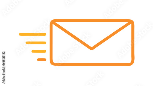 Orange outline of a fast sending envelope icon with motion lines on a black background representing email communication and delivery speed