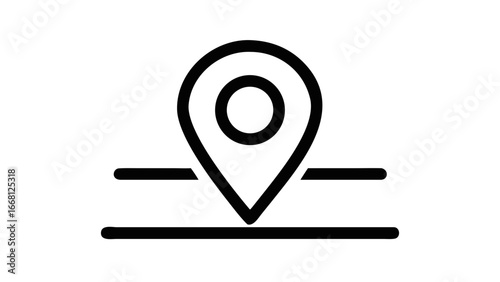 Simple outline of a location pin icon with horizontal lines indicating a map or route on a dark background