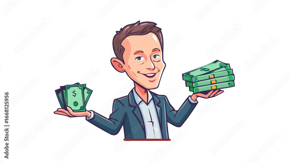Smiling businessman in a suit holding stacks of cash in both hands representing financial success and wealth accumulation Smiling businessman in a suit holding stacks of cash in both hands representing financial success and wealth accumulation