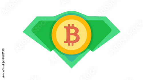 Stylized green wings embrace a golden bitcoin coin with a prominent red b symbol representing digital currency and financial technology innovation