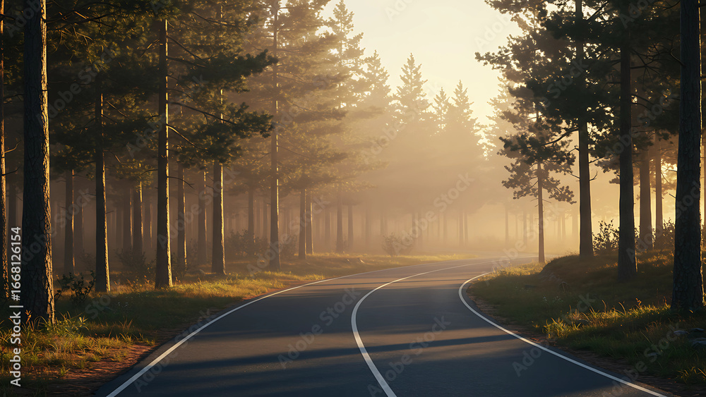 Fototapeta premium Misty Forest Road at Dawn with Golden Light – 4K Nature Background