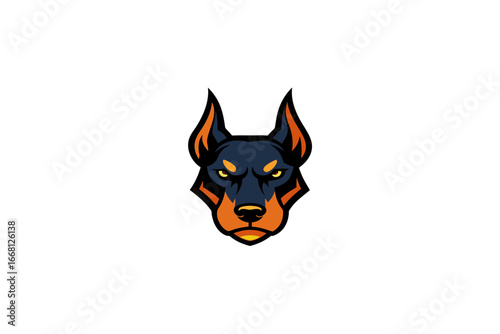 Fierce doberman pinscher head with intense yellow eyes and orange accents on a black background stylized illustration