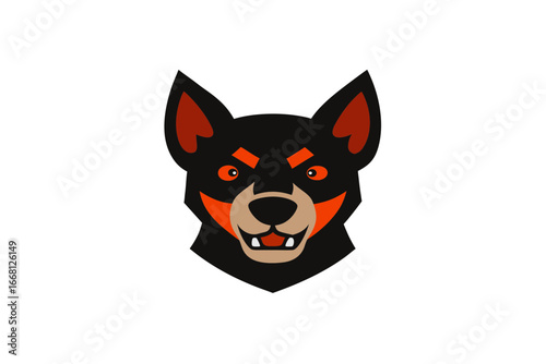 Stylized illustration of an aggressive black dog with sharp teeth and glowing orange eyes on a black background