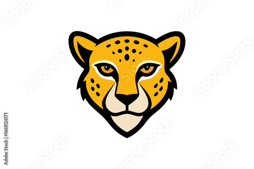 Stylized cheetah face with black spots and intense eyes on a solid black background