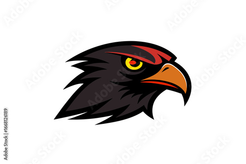Intense fierce eagle head with yellow eye and red brow accent on a black background minimalist logo design