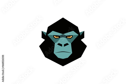 Stylized geometric illustration of a blue gorilla face with piercing yellow eyes against a stark black background