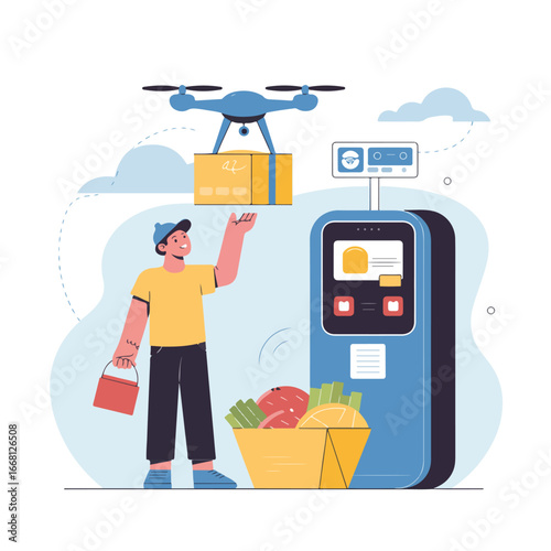 A man receiving a package delivered by a drone next to a self service kiosk with groceries nearby