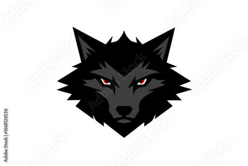Aggressive grey wolf head with piercing red eyes on a black background minimalist graphic design