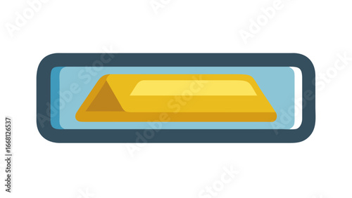 A simple flat design illustration of a golden bar resting inside a blue rectangular container with rounded corners on a black background