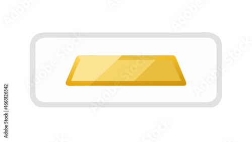 A simple flat design illustration of a single gold bar presented on a white rounded rectangle against a black background