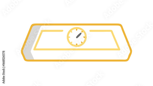 A stylized graphic illustration of a digital scale with a circular gauge indicating weight measurement on a black background