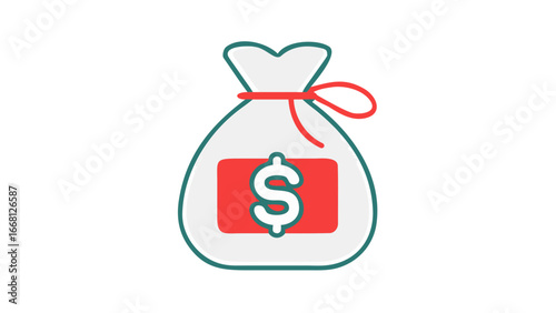 A stylized illustration of a white money bag tied with a red ribbon and featuring a prominent red rectangle with a white dollar sign in the center symbolizing wealth and financial prosperity