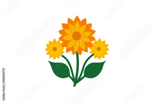 A stylized illustration of three bright yellow and orange sunflowers with green leaves against a stark black background