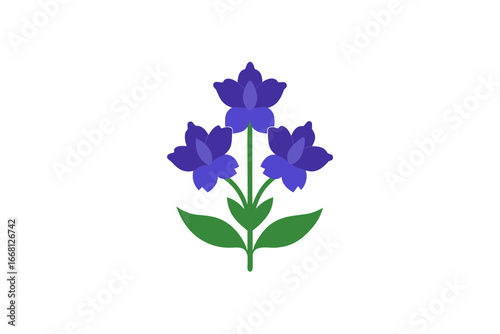 Stylized illustration of three vibrant purple delphinium flowers with green leaves on a black background