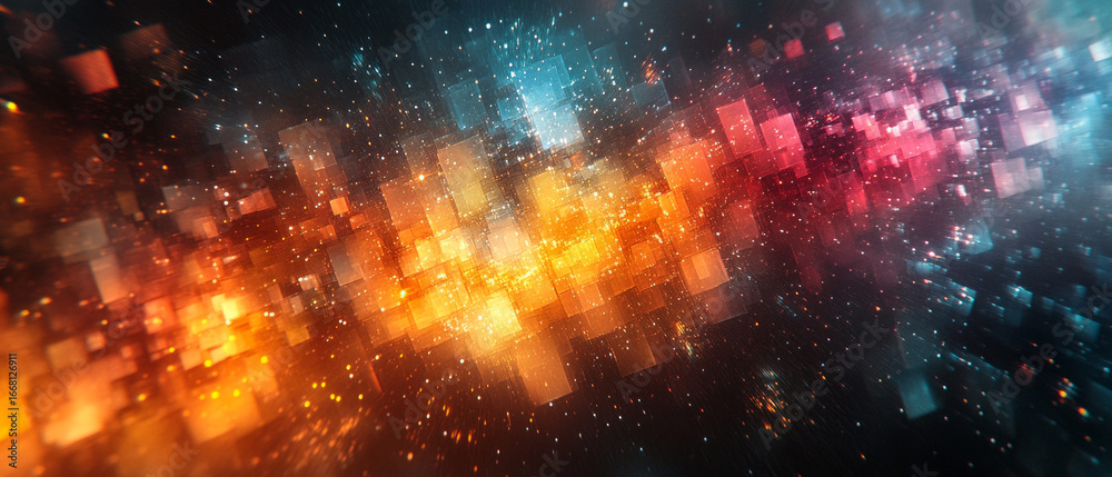 Fototapeta premium An abstract digital background with dynamic colored blocks and sparks, creating an effect of movement and energy—suitable for modern presentations and creative projects.