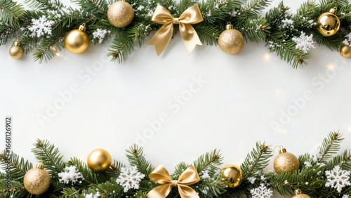Festive christmas border with gold ornaments and evergreen branches, banner, background 