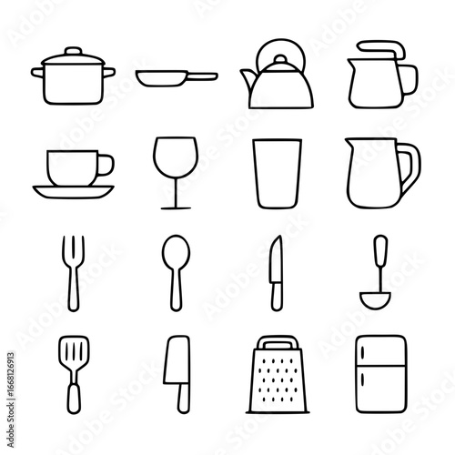 Icon pack, icon sheet, kitchen equipment theme, outline version