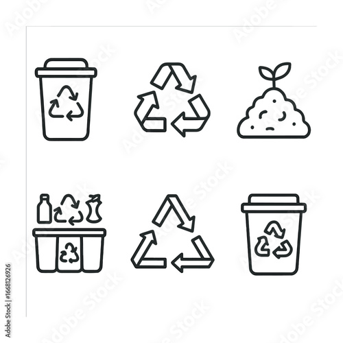 Recycling and composting icons: waste bin, arrows, compost pile, and sustainable waste management symbols