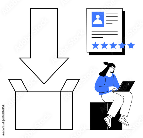 Resume with rating stars, downward arrow pointing at open box, and person working on a laptop. Ideal for recruitment, human resources, skill evaluation, career growth, onboarding, talent acquisition
