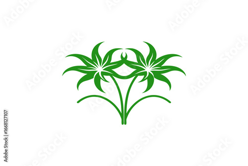 Stylized symmetrical green cannabis leaves forming a symmetrical pattern with a white negative space in the center on a black background
