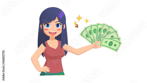 Happy young woman with long dark hair holding a fan of green dollar bills with a proud and excited expression symbolizing wealth and financial success