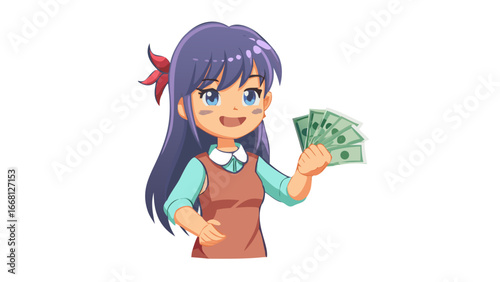 Happy anime girl with purple hair and blue eyes holding a fan of us dollar bills in her hand celebrating financial success and wealth