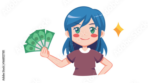 Happy young woman with blue hair holding a fan of green banknotes celebrating financial success and wealth with a sparkling star