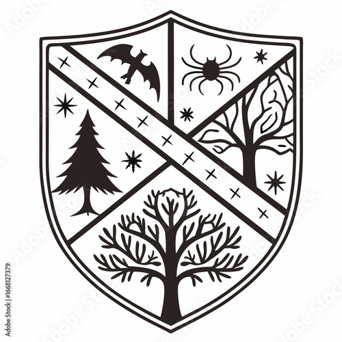 A black and white shield emblem featuring a bat spider pine tree and bare tree with stars and crosses symbolizing nature and the supernatural