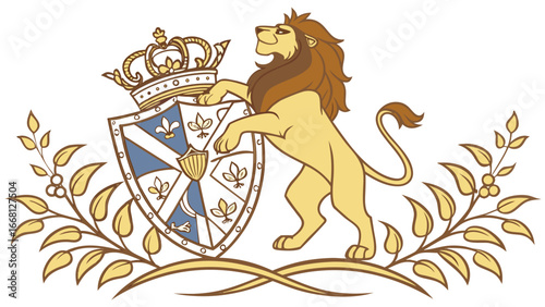 Majestic lion standing proudly with a royal crown atop a heraldic shield adorned with fleur de lis and floral motifs flanked by decorative branches