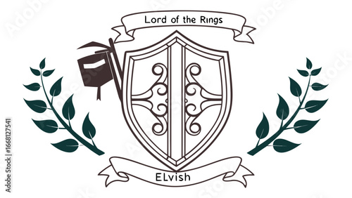 Elvish crest featuring a shield with ornate scrollwork and a banner above proclaiming lord of the rings with flanking laurel branches and a lower banner reading elvish