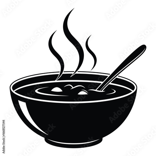 Steaming bowl of hot soup with spoon enjoy delicious warm food meal comforting autumn winter season. silhouette