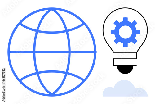 Globe symbolizing worldwide connectivity paired with a lightbulb featuring a gear for innovation, technology integration, and progress. Ideal for technology, innovation, global reach, education