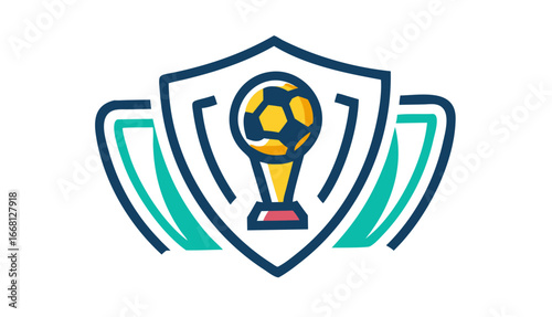 Stylized soccer trophy emblem featuring a golden football atop a cup enclosed within a dark blue shield with teal accents symbolizing victory and achievement in sports