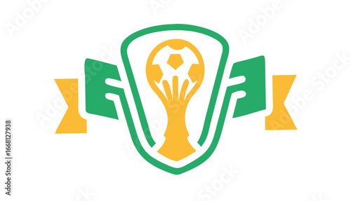 Stylized soccer trophy emblem with a football and green and gold ribbons on a black background representing victory and championship in sports